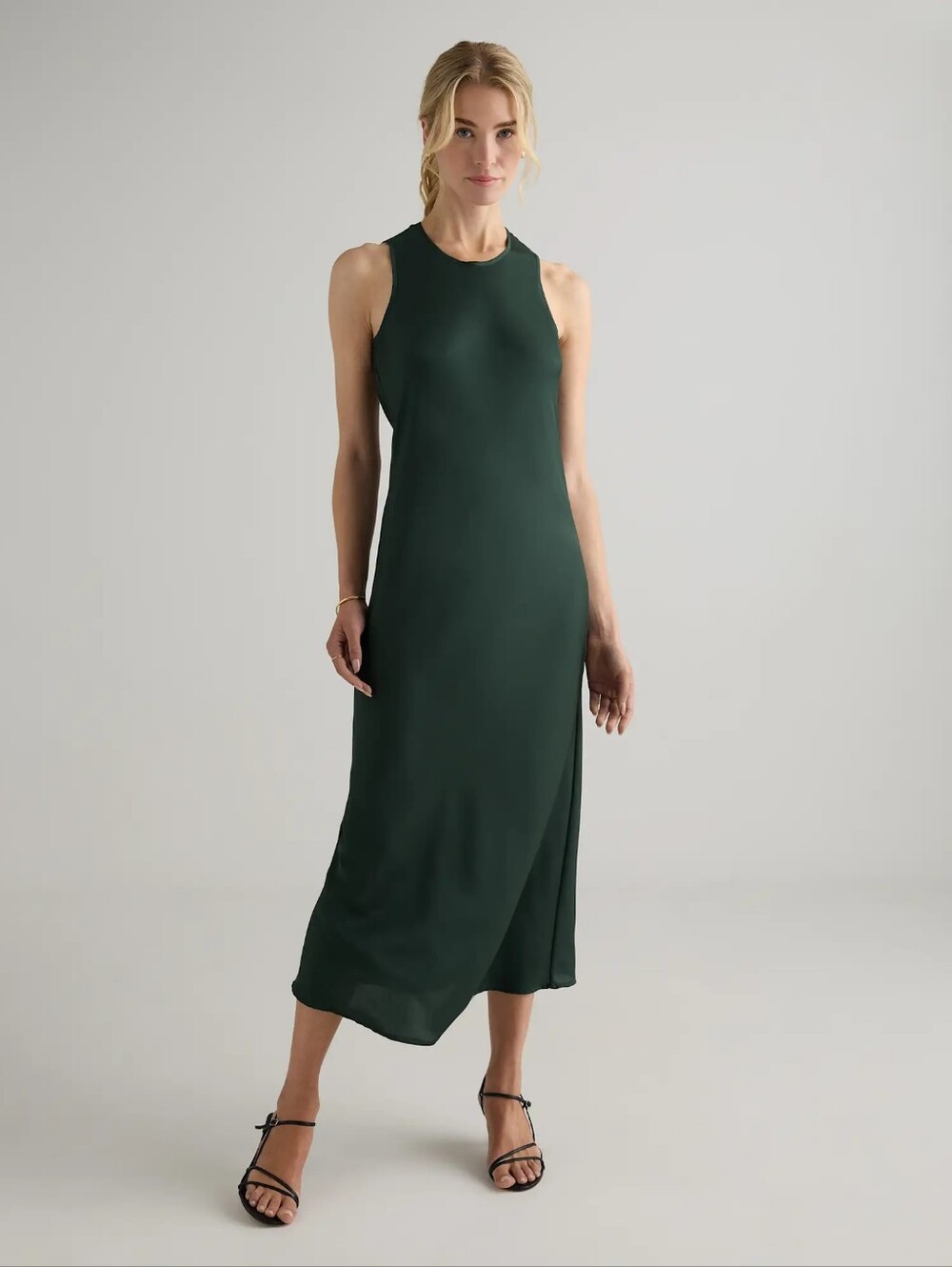 Quince Washable Stretch Silk Sleeveless Dark Green Midi Dress NWT